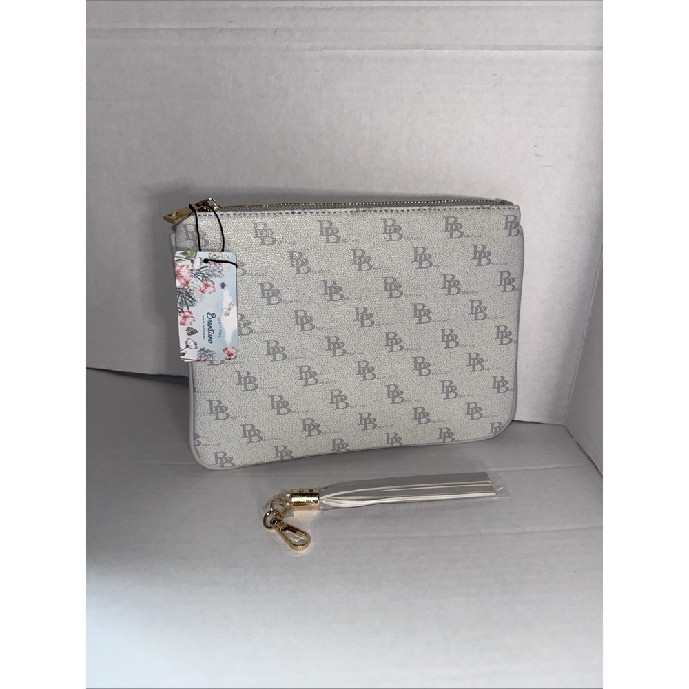 Brentano Clutch Bag Purse Light Gray Logo Print Gold Zipper Pocket Tassel 10x7.5